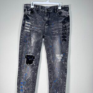 Rock Salt Skinny Denim Jeans Men's 34 Black Distressed "This Life Chose Us”